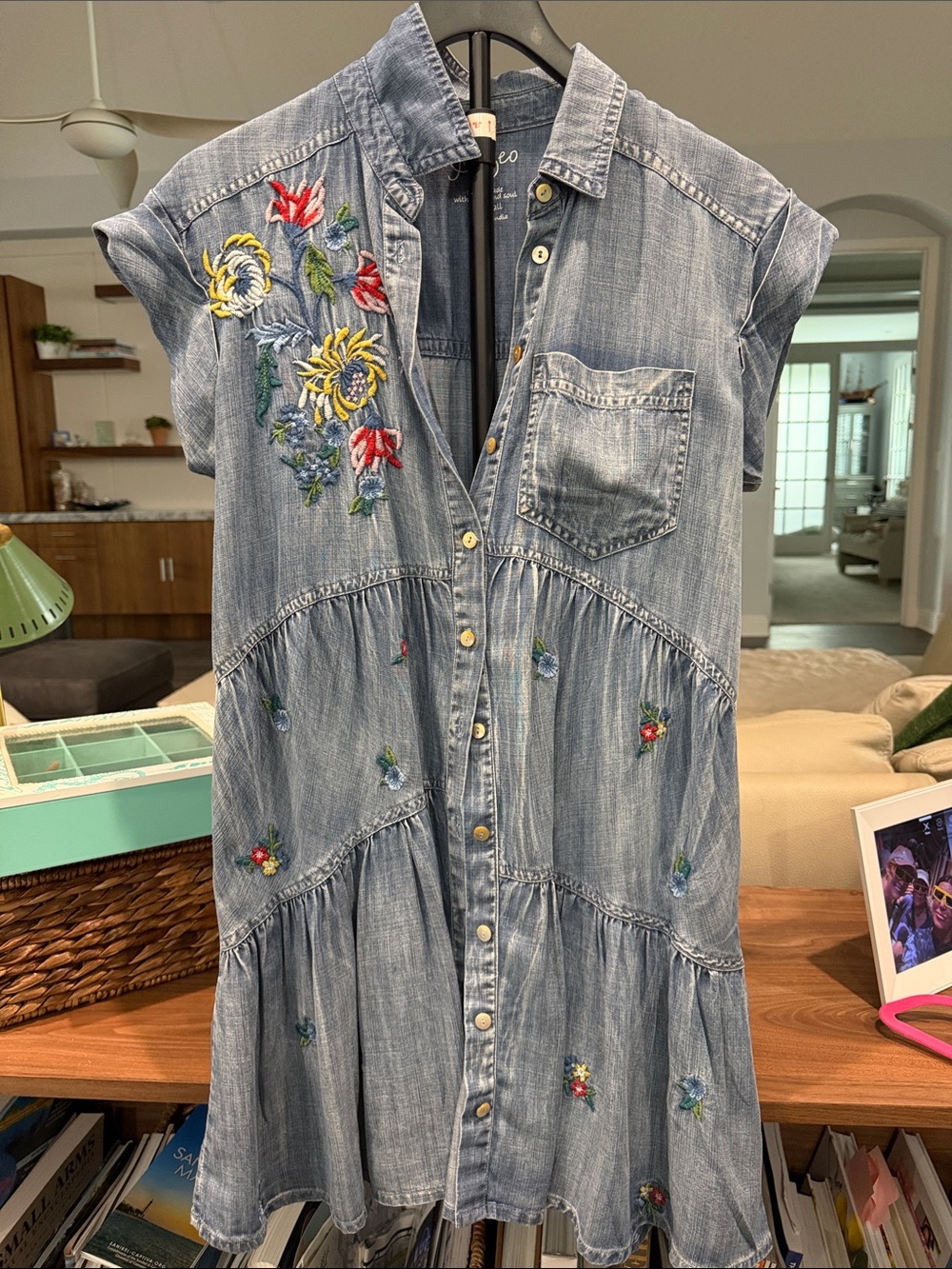 Kyla Seo Embroidered Light Blue Denim Button-Front Dress